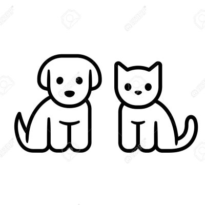 Simple line icon design of puppy and kitten. Cute little cartoon dog and cat vector illustration. Vet or pet shop logo.